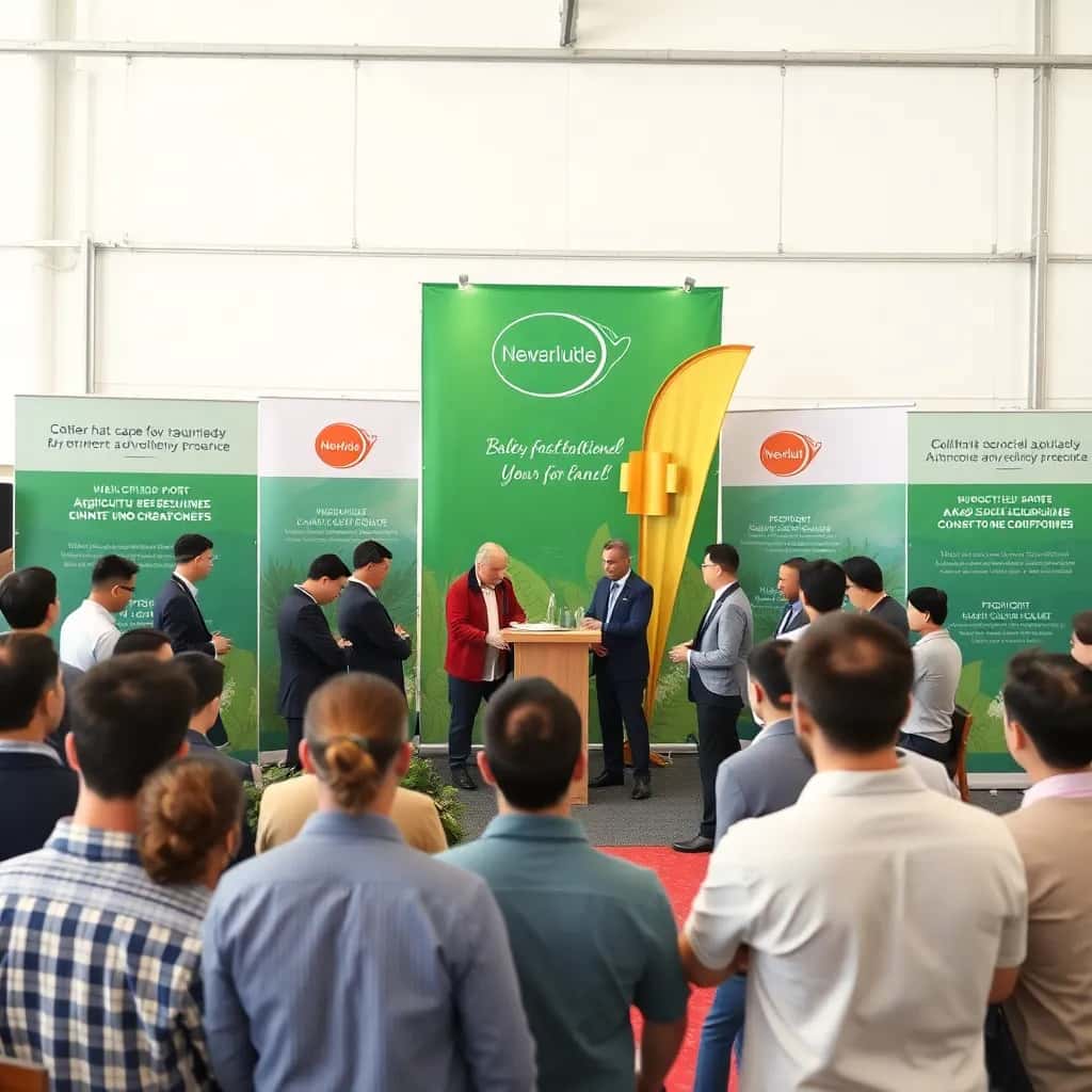 New agricultural product launch event with people and banners