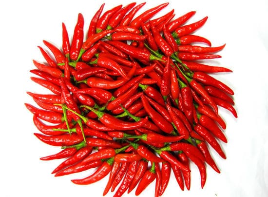 Fresh red chili peppers on a white background