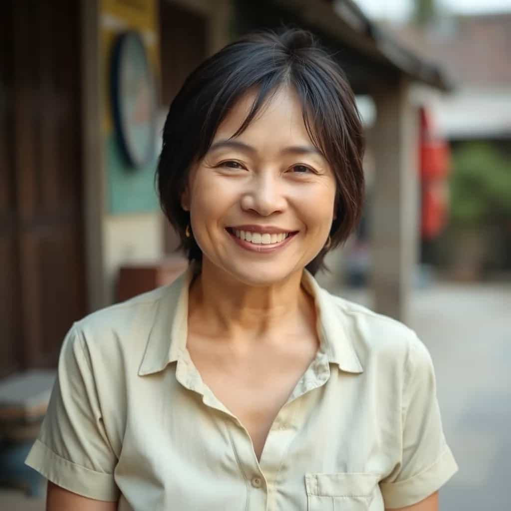 Portrait of a smiling middle-aged Vietnamese woman with short hair
